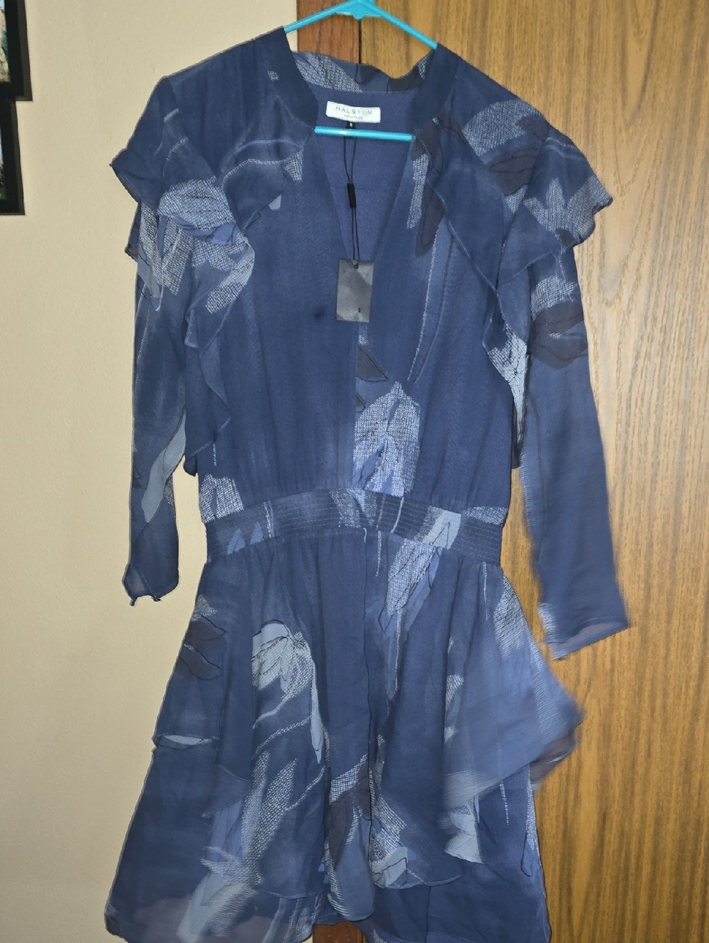 Halston Heritage Navy Blue Floral Ruffle Dress